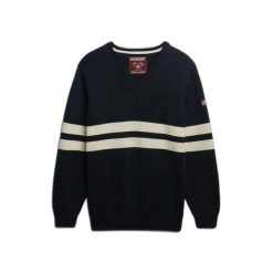 Damski oversize sweter w paski z dekoltem w serek Superdry. Niebieskie swetry damskie Superdry., na zimę, bez wzorów, casualowe, bez kołnierzyka, bez ramiączek, bez kaptura. Za 326.65 zł.
