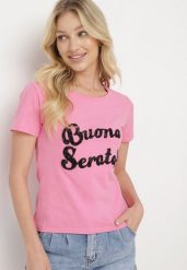 Różowy Bawełniany T-shirt z Ozdobnym Napisem z Cyrkonii Tiavalia. Czerwone bluzki damskie Born2be, l, bez wzorów, z bawełny, eleganckie, bez kołnierzyka. Za 34.99 zł.