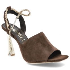 Sandały damskie Chebello, na szpilce ze złotym paskiem wokół kostki skórzane eleganckie, brązowe, 4440-105-000-PSK-S135. Brązowe sandały damskie CheBello, bez wzorów, z weluru, bez obcasa, na obcasie, bez zapięcia. Za 539.00 zł.