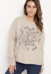 Brązowy Sweter Ozdobiony Haftowanym Wzorem Inadrea. Brązowe swetry damskie Born2be, bez wzorów, z jeansu, eleganckie, bez kołnierzyka, bez ramiączek, długie, bez kaptura. Za 159.99 zł.