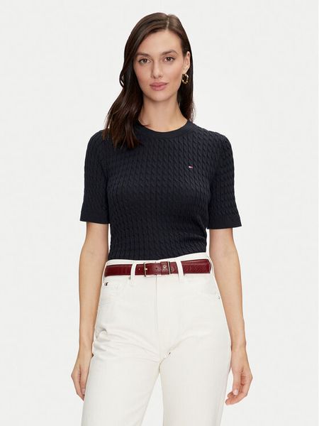 Tommy Hilfiger Sweter WW0WW41787 Czarny Regular Fit. Niebieskie swetry damskie Tommy Hilfiger, m, bez wzorów, z bawełny, bez kołnierzyka, bez ramiączek, bez kaptura. Za 319.99 zł.