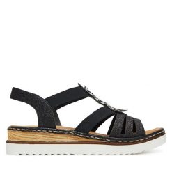 Sandały Rieker. Czarne sandały damskie Rieker, bez wzorów, bez obcasa, na koturnie, bez zapięcia. Za 255.99 zł.
