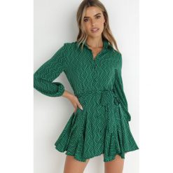 Zielona Sukienka Koszulowa Horro. Zielone sukienki damskie Born2be, l, bez wzorów, z materiału, bez kołnierzyka, bez ramiączek, mini, koszulowe. Za 169.99 zł.