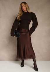Brązowa Spódnica z Satyny Zdobiona Koronką Marefera. Brązowe spódnice damskie Renee, l, z aplikacjami, z koronki, maxi, oversize. Za 119.99 zł.