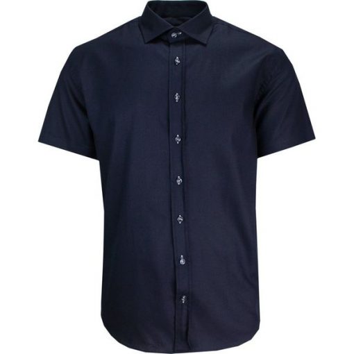 Koszula Wizytowa Granatowa z Krótkim Rękawem, Jednokolorowa, Taliowana -QUICKSIDE. Niebieskie koszule męskie Quickside, m, bez wzorów, z bawełny, biznesowe, bez kołnierzyka, bez ramiączek. Za 125.00 zł.