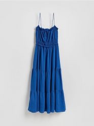 Sukienka maxi z falbanami - niebieski. Niebieskie sukienki damskie Reserved, l, bez wzorów, z wiskozy, bez kołnierzyka, bez ramiączek, maxi. W wyprzedaży za 139.99 zł.