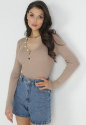 Beżowy Sweter z Prążkowanej Dzianiny Zapinany Leoleta. Brązowe swetry damskie Born2be, bez wzorów, z dzianiny, eleganckie, bez kołnierzyka, bez ramiączek, bez kaptura. Za 99.99 zł.