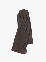 Brązowe rękawiczki ze skóry licowej. Brązowe rękawiczki damskie Ryłko, na zimę, bez wzorów, ze skóry, eleganckie. Za 129.99 zł.