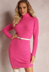 Fuksjowa Sweterkowa Sukienka Mini w Prążki z Wełną Klonxe. Czerwone sukienki damskie Renee, bez wzorów, z dzianiny, bez kołnierzyka, bez ramiączek, mini. Za 54.99 zł.