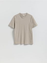 T-shirt regular fit z lnem - beżowy. Brązowe t-shirty męskie Reserved, l, bez wzorów, z bawełny, bez kołnierzyka. Za 119.99 zł.