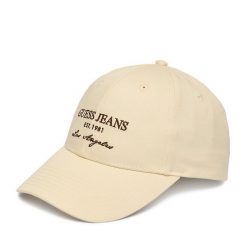 Czapka z daszkiem Guess Jeans. Brązowe czapki i kapelusze damskie Guess Jeans, z aplikacjami, z jeansu. Za 79.99 zł.