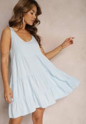 Jasnoniebieska Sukienka z Bawełny o Rozkloszowanym Kroju Ozdobiona Falbankami Tessah. Niebieskie sukienki dla dziewczynek Renee, bez wzorów, z bawełny, eleganckie, bez ramiączek. Za 39.99 zł.