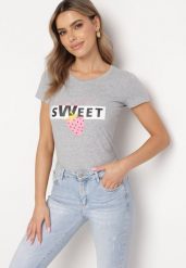 Szara Bawełniana Bluzka z Nadrukiem i Napisem Vemassa. Szare bluzki damskie Born2be, m, bez wzorów, z bawełny, bez kołnierzyka, bez ramiączek. Za 29.99 zł.