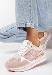 Różowe Sneakersy na Grubej Podeszwie Zdobione Brokatem i Metaliczną Wstawką Seravi. Czerwone obuwie sportowe damskie Born2be, z aplikacjami. Za 99.99 zł.