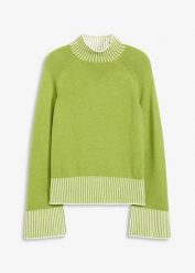 Sweter ze stójką, z miękką mieszanką kaszmiru. Zielone swetry damskie bonprix, bez wzorów, z kaszmiru, klasyczne, bez kołnierzyka, bez ramiączek, bez kaptura. Za 159.99 zł.