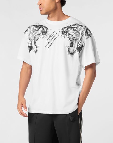 Koszulka T-shirt TIGER. Białe koszulki sportowe męskie Plein Sport, m, bez wzorów, z bawełny, bez kołnierzyka, bez ramiączek, na jogę i pilates. Za 429.60 zł.