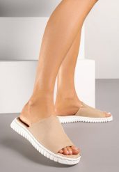 Beżowe Klapki Vices z Imitacji Zamszu na Podeszwie ze Żłobieniami Dorovia. Brązowe klapki damskie Renee, bez wzorów, eleganckie, bez obcasa, na płaskiej podeszwie. Za 54.99 zł.