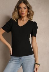 Czarny T-shirt z Trójkątnym Dekoltem Sunille. Czarne bluzki damskie Renee, m, bez wzorów, z jeansu, bez kołnierzyka. Za 34.99 zł.