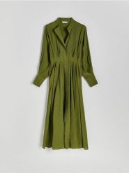 Sukienka midi z wiskozą - oliwkowy. Zielone sukienki damskie Reserved, l, bez wzorów, z tkaniny, bez kołnierzyka, bez ramiączek, midi, rozkloszowane. W wyprzedaży za 89.99 zł.