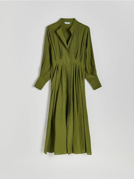 Sukienka midi z wiskozą - oliwkowy. Zielone sukienki damskie Reserved, l, bez wzorów, z tkaniny, bez kołnierzyka, bez ramiączek, midi, rozkloszowane. W wyprzedaży za 89.99 zł.