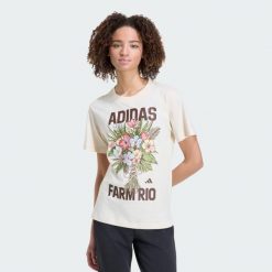 KOSZULKA Z GRAFIKĄ ADIDAS x FARM RIO. Brązowe koszulki sportowe damskie Adidas, uniwersalny, bez wzorów, z bawełny, bez kołnierzyka, bez ramiączek, do piłki nożnej. Za 149.00 zł.