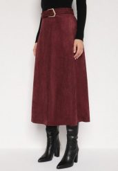 Bordowa Rozkloszowana Wiskozowa Spódnica z Bawełną Ozdobiona Paskiem Nawedea. Czerwone spódnice damskie Born2be, l, bez wzorów, z bawełny, eleganckie, midi, rozkloszowane. Za 139.99 zł.