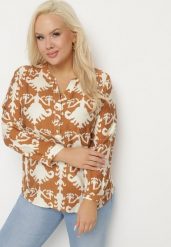 Brązowa Koszula z Wiskozą w Ornamentalny Wzór z Dekoltem w Serek Iladelle. Brązowe bluzki damskie Born2be, plus size, bez wzorów, z jeansu, eleganckie, bez kołnierzyka, plus size, bez ramiączek. Za 69.99 zł.