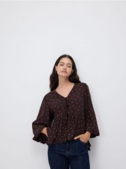 Bluzka w groszki - ciemnobrązowy. Brązowe bluzki damskie Reserved, l, bez wzorów, z tkaniny, bez kołnierzyka, bez ramiączek. Za 149.99 zł.