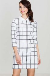 Szara Prosta Sukienka w Kratę z Kołnierzykiem. Szare sukienki damskie Katrus, na co dzień, l, bez wzorów, bez kołnierzyka, bez ramiączek. Za 239.00 zł.