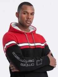 Bluza męska z kapturem trzykolorowa - czerwona V3 - Rozmiar: S. Czerwone bluzy męskie Ombre Clothing, l, bez wzorów, z bawełny, z kapturem. W wyprzedaży za 69.99 zł.