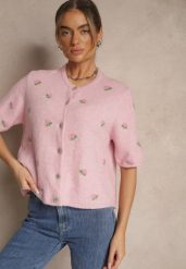 Różowy Wzorzysty Sweter Kardigan z Krótkim Rękawem z Dodatkiem Wełny Korivelle. Czerwone kardigany damskie Renee, bez wzorów, z jeansu, biznesowe, krótkie. Za 129.99 zł.