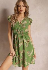 Zielona Rozkloszowana Sukienka Mini we Wzór Paisley Rachelli. Zielone sukienki damskie Renee, l, z aplikacjami, eleganckie, bez kołnierzyka, bez ramiączek, mini, rozkloszowane. Za 49.99 zł.
