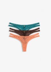Stringi tanga z koronką w kwiaty (3 szt.). Brązowe stringi damskie bonprix, bez wzorów, z koronki. Za 94.99 zł.