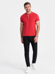 Koszulka męska polo bez kołnierzyka - czerwona V2 - Rozmiar: L. Czerwone koszulki polo męskie Ombre Clothing, l, bez wzorów, z bawełny, bez ramiączek. W wyprzedaży za 39.99 zł.