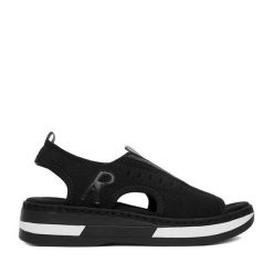 Sandały Rieker. Czarne sandały damskie Rieker, bez wzorów, bez obcasa, na koturnie, bez zapięcia. Za 319.99 zł.