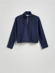 Bluza z rozpinanym półgolfem - granatowy. Niebieskie bluzy damskie Reserved, l, bez wzorów, z bawełny, bez kaptura. W wyprzedaży za 99.99 zł.