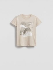 T-shirt z nadrukiem - beżowy. Brązowe t-shirty damskie Reserved, l, bez wzorów, z bawełny, bez kołnierzyka. W wyprzedaży za 39.99 zł.