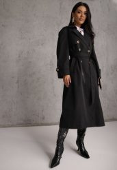 Czarny Płaszcz Trencz z Bawełny i Wiskozy z Wiązanym Paskiem i Klapą Lissien. Czarne płaszcze damskie Renee, l, bez wzorów, z bawełny, bez kaptura. Za 209.99 zł.