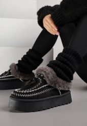 Czarne Śniegowce na Platformie Ozdobione Frędzlami i Haftem Ezivelle. Czarne śniegowce i trapery damskie Renee. Za 109.99 zł.