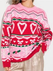 Świąteczny sweter w serca i śnieżynki - wielobarwny. Swetry damskie Sinsay, l, bez wzorów, wizytowe, bez kołnierzyka, bez ramiączek, bez kaptura. Za 59.99 zł.