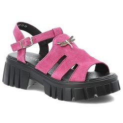 Sandały damskie Vinceza, cholewka ze skóry naturalnej zamszowej ażurowe wycięcia z przodu, różowe, 79627. Czerwone klapki damskie VINCEZA, w ażurowe wzory, ze skóry, bez obcasa, na obcasie. Za 159.00 zł.