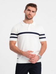 Koszulka męska polo z miękkiej dzianiny z kontrastowymi pasami - biała V1 OM-POSS-0118 - XXL. Białe koszulki polo męskie Ombre Clothing, l, bez wzorów, z dzianiny, bez ramiączek. W wyprzedaży za 89.99 zł.
