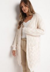 Jasnobeżowy Niezapinany Kardigan Przed Kolano w Paski Chevron Afesura. Brązowe swetry damskie Born2be, bez wzorów, z dzianiny, bez kołnierzyka, bez ramiączek, długie, bez kaptura. Za 99.99 zł.