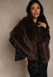 Brązowe Futerkowe Ponczo Szal Typu Etola Aezney. Brązowe swetry damskie Renee, bez wzorów, z satyny, eleganckie, bez kołnierzyka, bez ramiączek, bez kaptura. Za 109.99 zł.