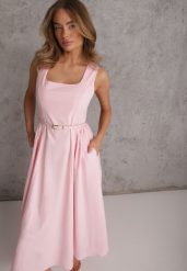 Różowa Bawełniano-Wiskozowa Sukienka na Szerokich Ramiączkach z Wąskim Paskiem Alcassa. Czerwone sukienki dla dziewczynek Renee, bez wzorów, z bawełny, eleganckie, bez ramiączek. Za 179.99 zł.