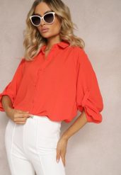 Pomarańczowa Koszula z Kołnierzem i Długimi Rękawami na Guzik Henvia. Brązowe bluzki damskie Renee, plus size, bez wzorów, bez kołnierzyka, plus size, bez ramiączek. Za 54.99 zł.