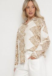 Beżowa Wiskozowa Koszula z Lnem w Ornamentalny Wzór Avellia. Brązowe bluzki damskie Born2be, na lato, l, bez wzorów, z wiskozy, eleganckie, bez kołnierzyka, bez ramiączek. Za 79.99 zł.