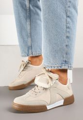Beżowe Sneakersy Tenisówki z Ozdobnym Językiem Alaviela. Brązowe trampki i tenisówki damskie Born2be, bez wzorów, z jeansu, eleganckie, bez zapięcia. Za 89.99 zł.