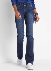 Jeansy ze stretchem o kroju bootcut, mid waist. Niebieskie jeansy damskie bonprix. Za 139.99 zł.