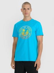 4F T-shirt regular z nadrukiem męski - niebieski M. Niebieskie koszulki sportowe męskie 4f, m, bez wzorów, z bawełny, bez kołnierzyka, bez ramiączek. Za 69.99 zł.